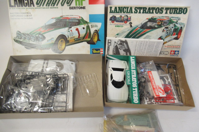 Revel Lancia Stratos kit and Tamiya Lancia kit and an Airfix Glastor Gladiator kit Image