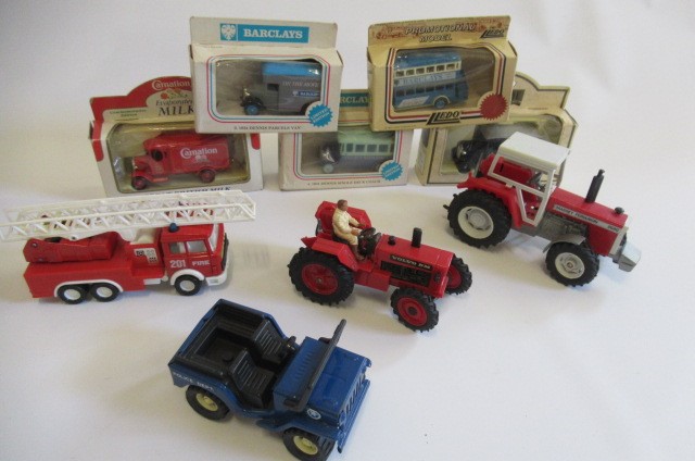Five Lledo vintage vehicles and four modern diecast farm vehicles Image