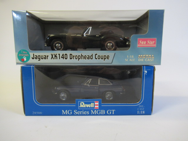 Sun Star 1:18 scale Jaguar XK140 Drophead and Revell 1:18 MGB GT Image