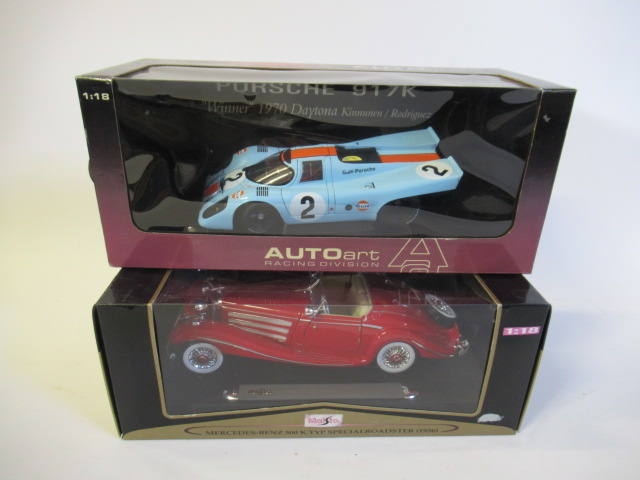 Auto Art 1:18 scale Porsche 917k and Maisto Mercedes 500k roadster Image