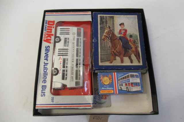 Timpo Queen Elizabeth II Matchbox Jubilee bus and Dinky Jubilee bus Image