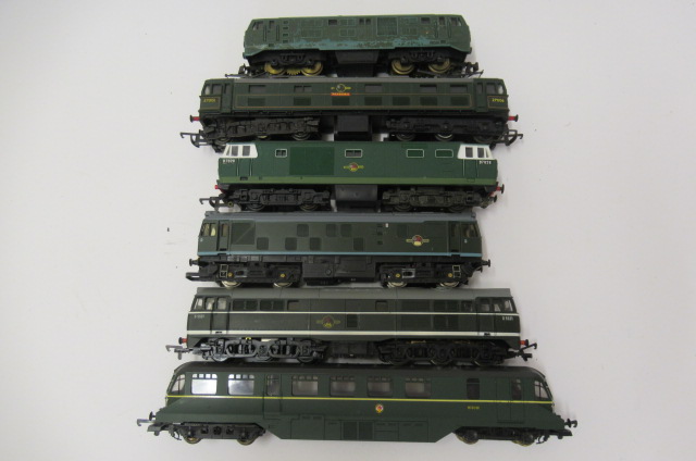 Six unboxed diesel locomotives by Hornby and Lima including Hymek E.M.2 and Class 25 Image