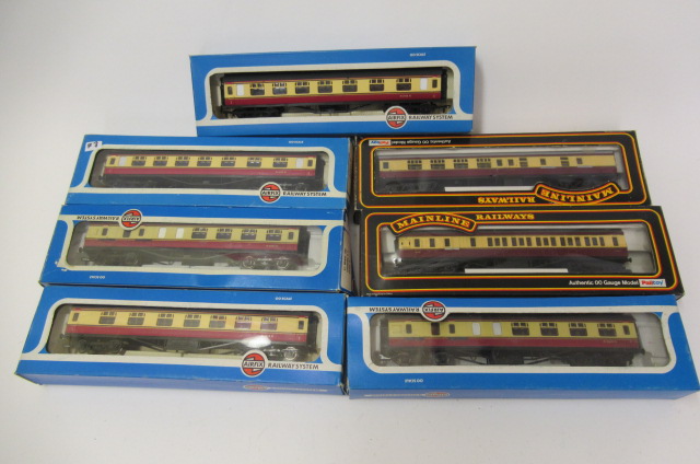 Seven Mainline and Airfix B.R. passenger coaches comprising three passenger coaches and four brakes Image
