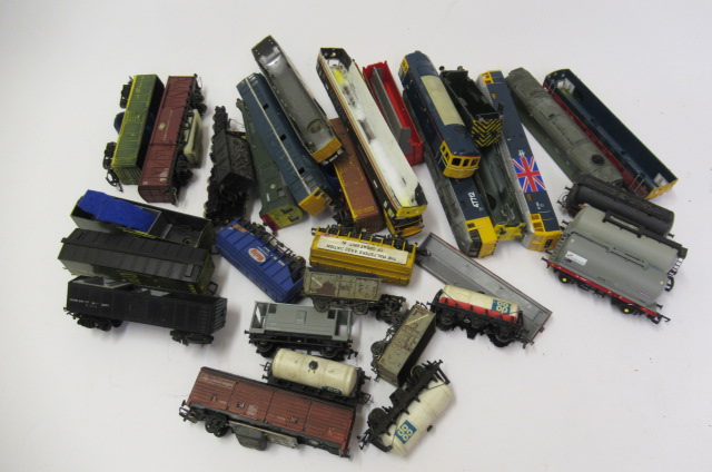 Playworn diesel locomotive bodies and playworn goods wagons Image