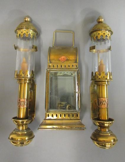 Reproduction G.W.R. brass coach lights for use with candles and an N.E.R. porters signal lamp with Image