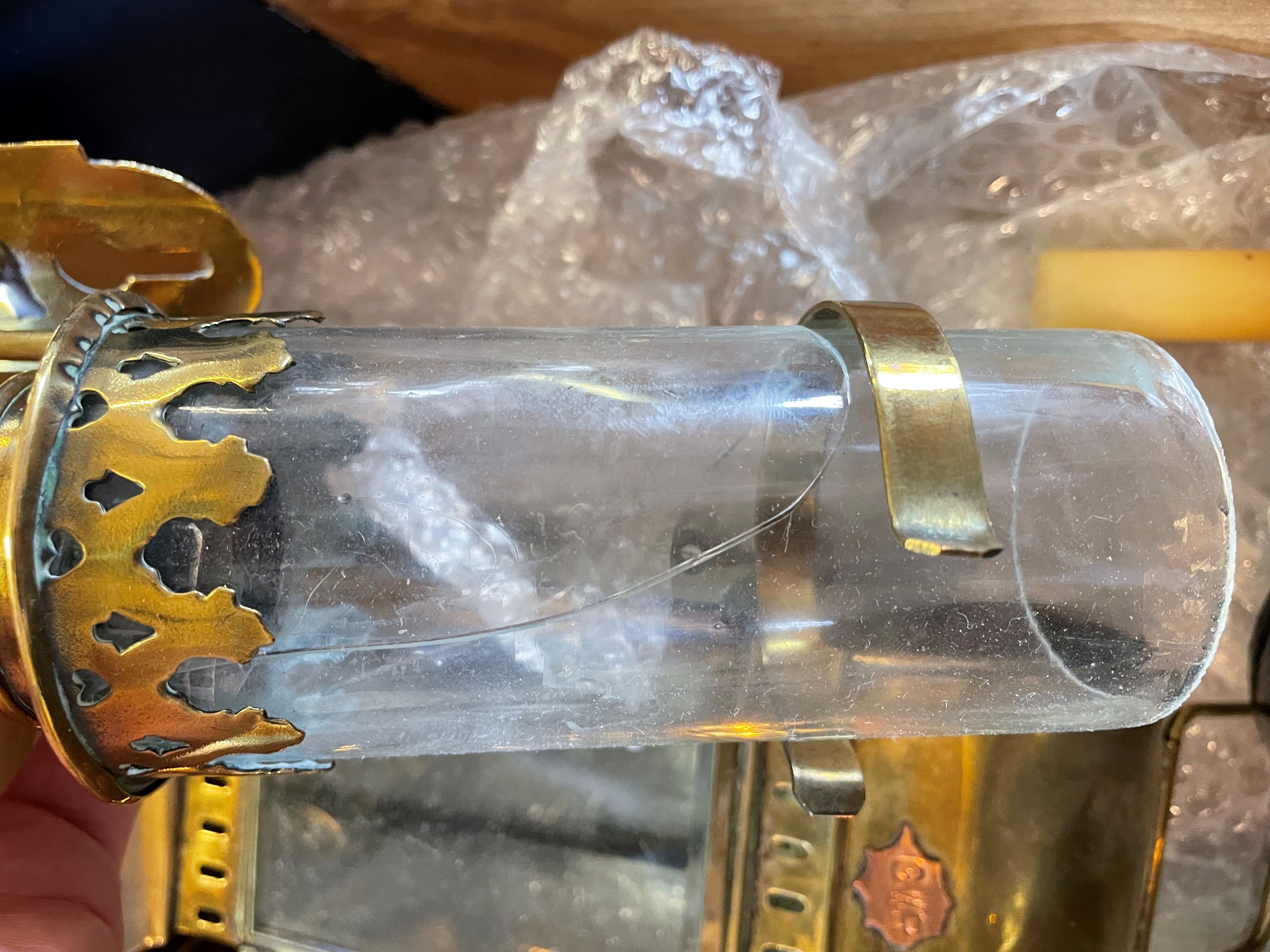 Reproduction G.W.R. brass coach lights for use with candles and an N.E.R. porters signal lamp with Image