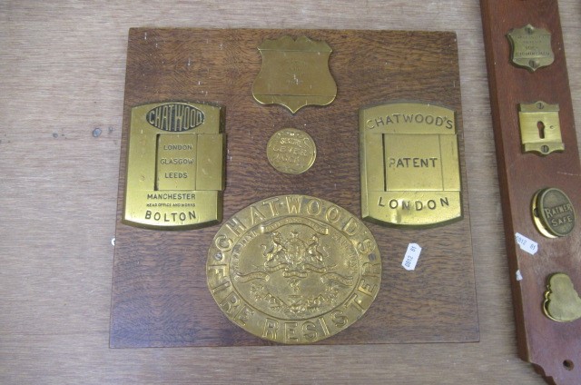 Vintage brass safe lock and manufacturers' plates including Milners' Patent Image