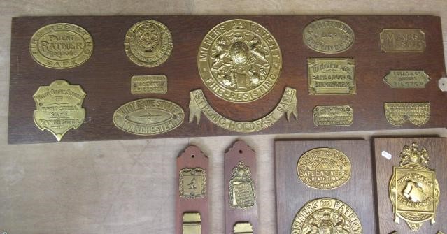 Vintage brass safe lock and manufacturers' plates including Milners' Patent Image