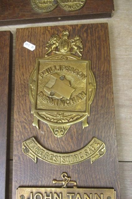 Vintage brass safe lock and manufacturers' plates including Milners' Patent Image