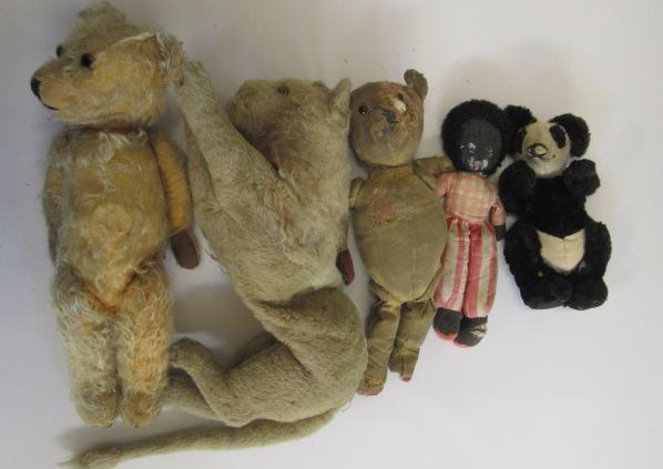 Five soft toys comprising two (very playworn) teddy bears Image