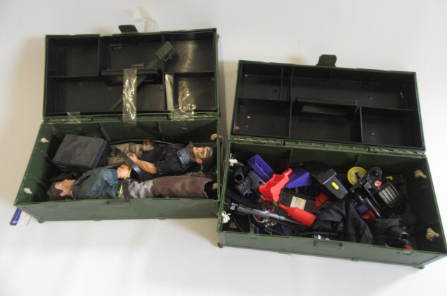 A quantity of late Action Man equipment in two ammo type plastic boxes Image