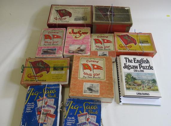 Ten wooden puzzles of shipping line themes by Cunard and others Image