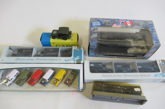 Six military vehicles by Lledo and others including R.A.F. Transporter Set and Cararama Land Rover Image