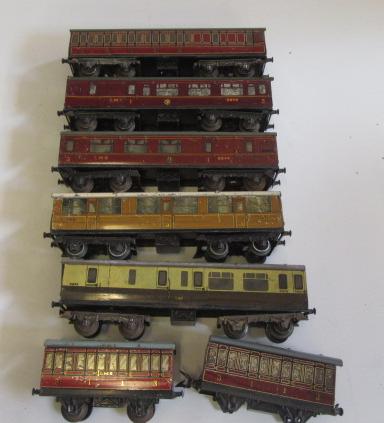 Seven playworn Hornby coaches comprising three L.M.S. No 2 Image