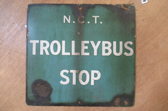 A two sided enamel NCT trolleybus stop sign, 15 3/4" x 15" Image