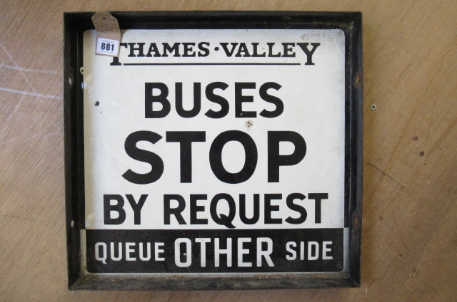 A two sided enamel Thames Valley "BUSES STOP BY REQUEST" sign, 16" x 15 3/4" Image