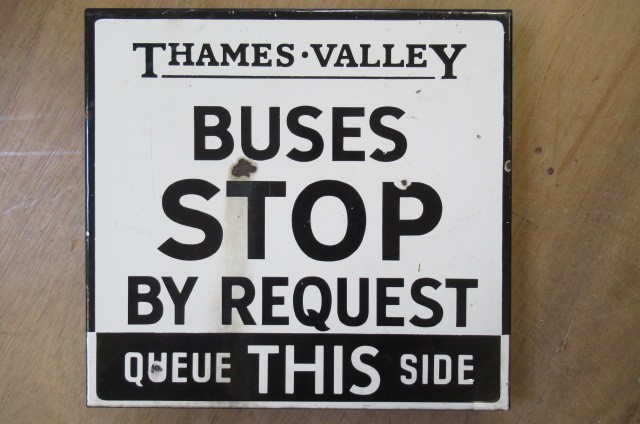 A two sided enamel Thames Valley "BUSES STOP BY REQUEST" sign, 16" x 15 3/4" Image