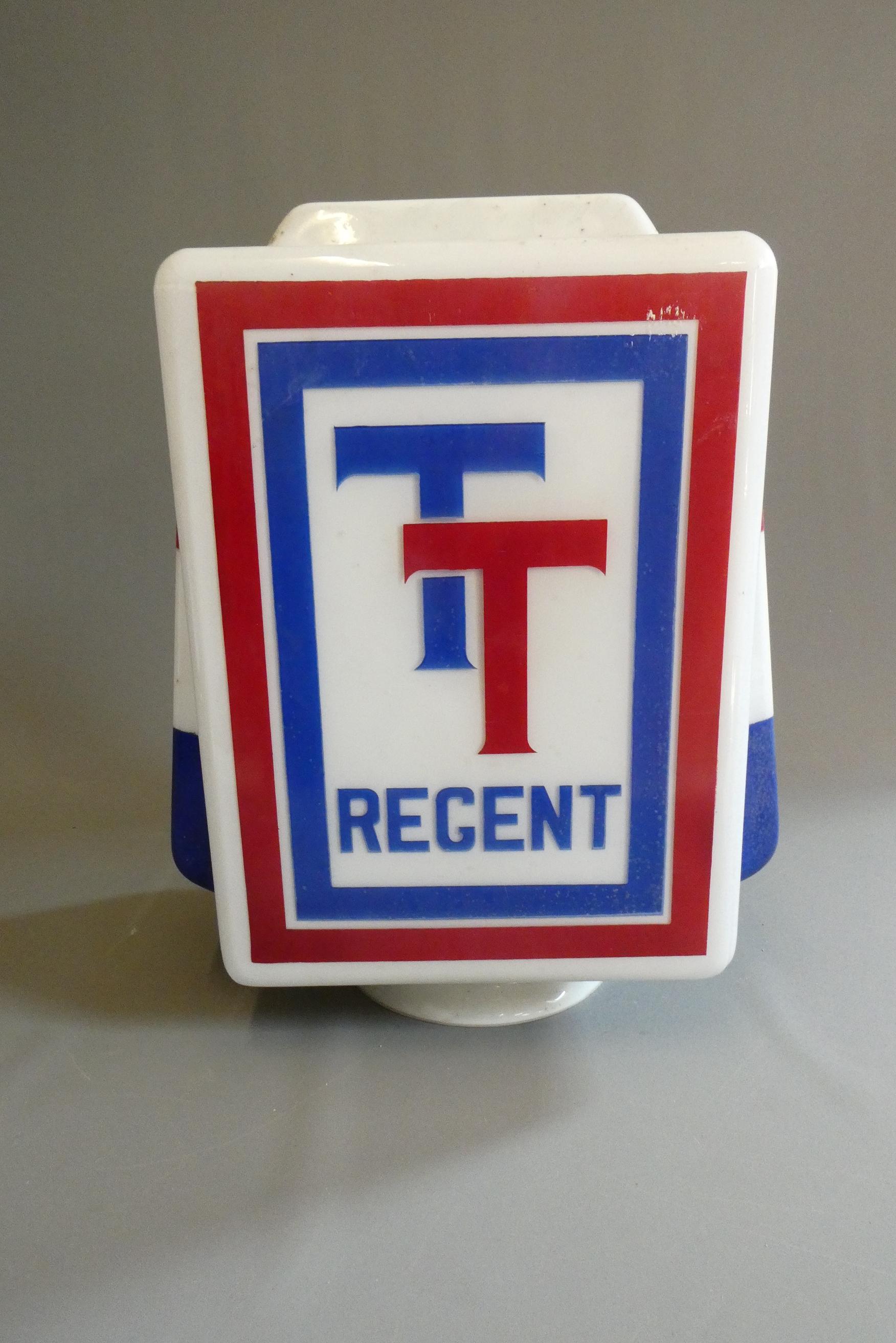 Regent TT petrol pump glass globe, of cuboid form with red and blue colouring, stamped "MORCO" AND Image