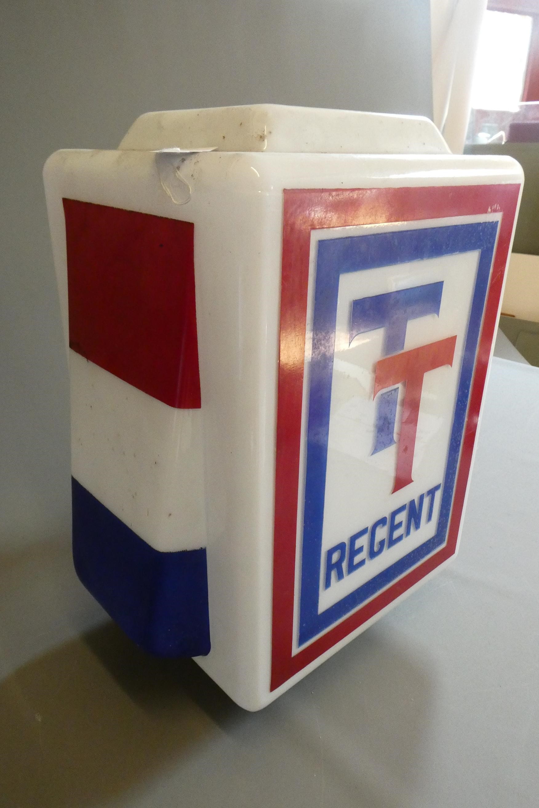 Regent TT petrol pump glass globe, of cuboid form with red and blue colouring, stamped "MORCO" AND Image