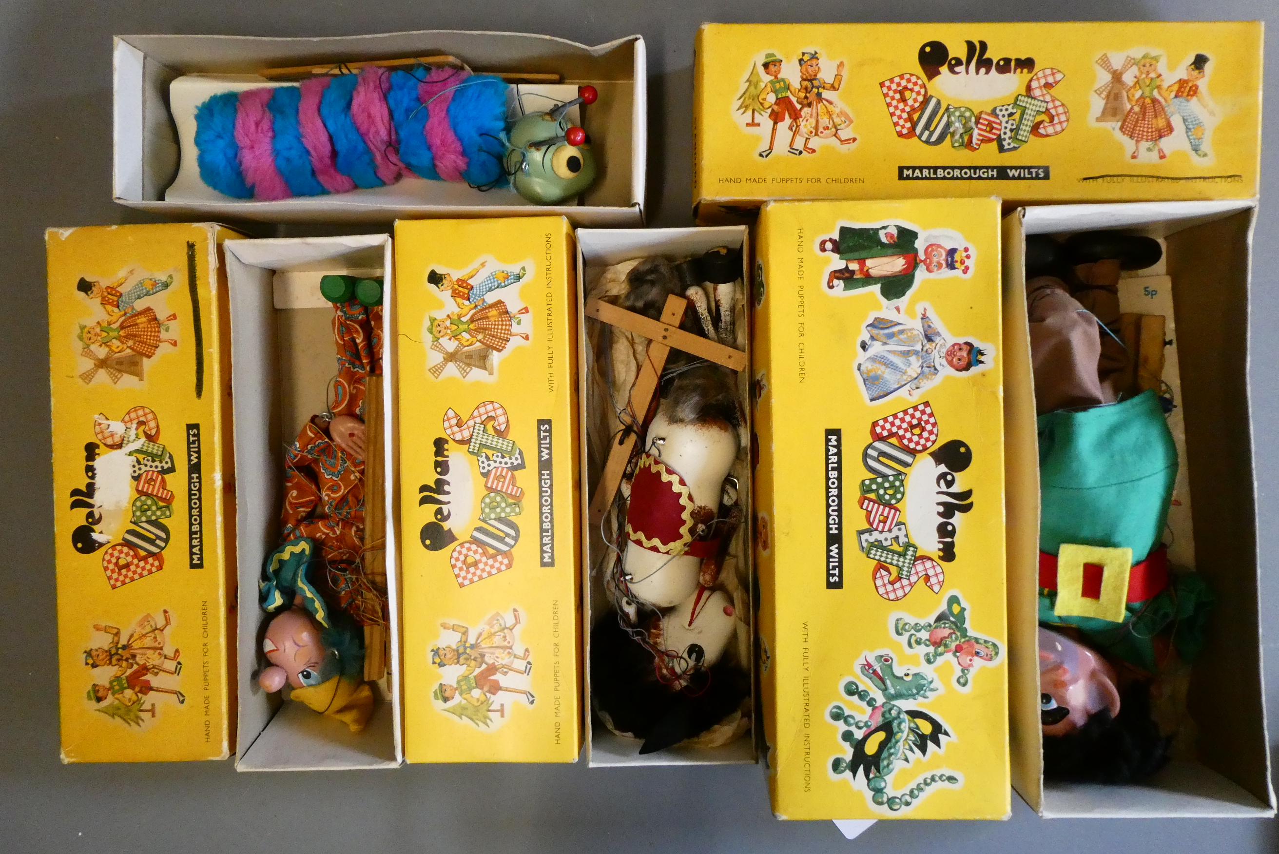 Four boxed Pelham puppets, comprising Caterpillar, A2 Horse, Giant and Clever Willy, fair, some Image