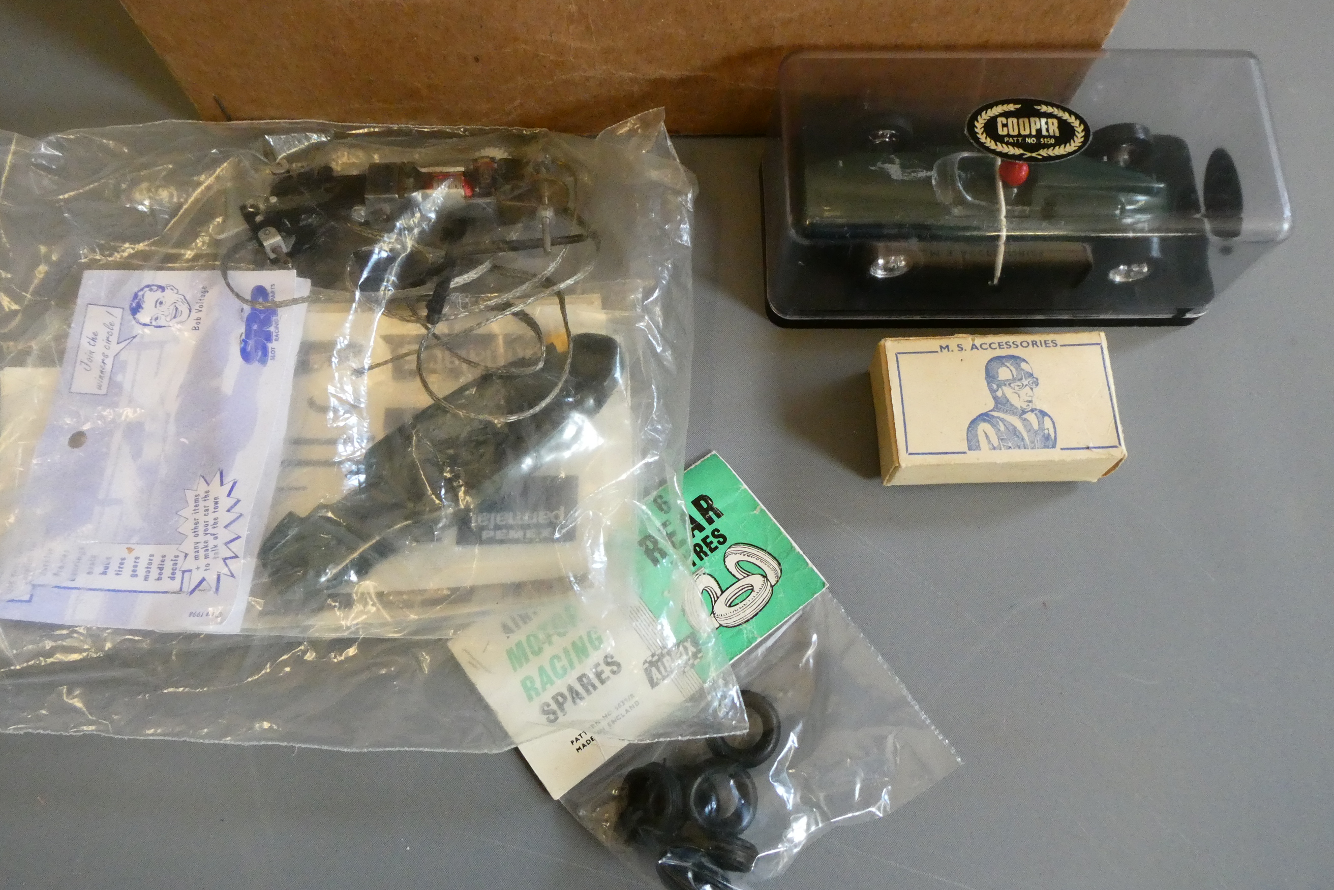 Spare parts and 1:32 slot cars Airfix and others including Bugatti and Cooper Race car, one item Image