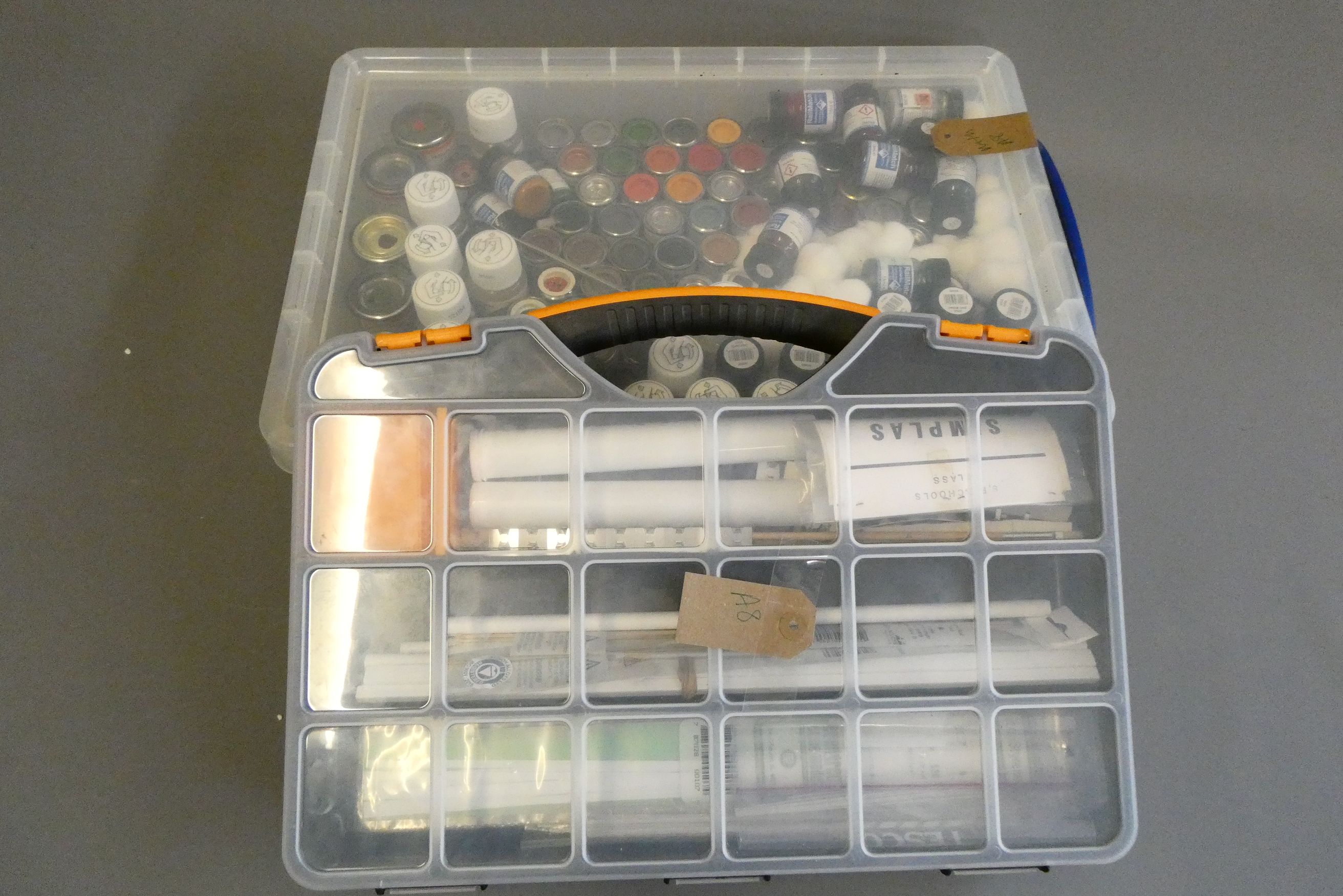 Model making plastic strip and tube and enamel paint by Humbrol and others, most paint in part used Image