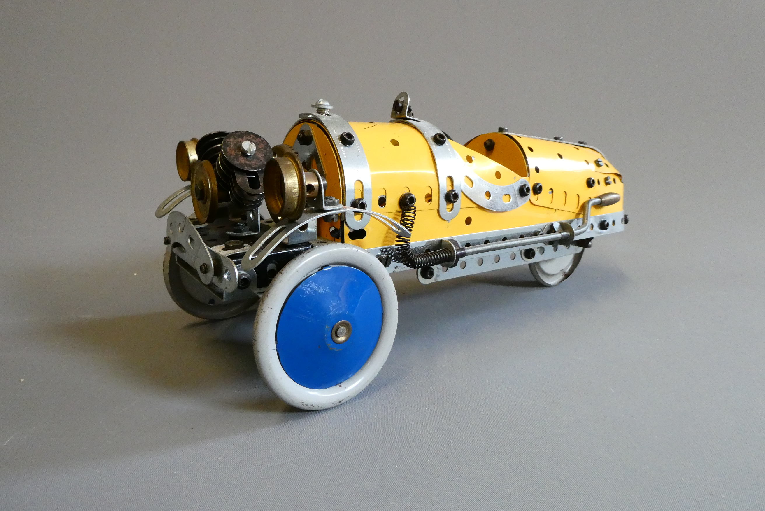 Meccano 1960s yellow/silver shop display model of the Morgan 3-wheeler car, some aging to plate Image