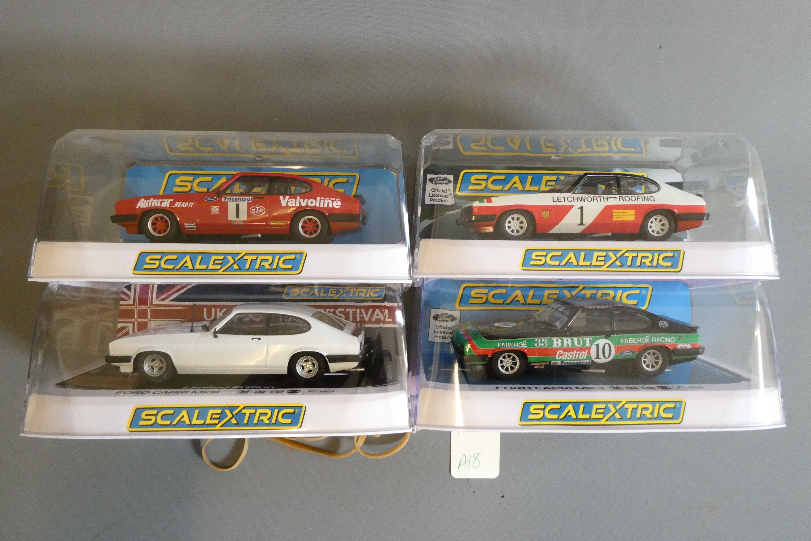 Four Scalextric race cars comprising four Ford Capri MKIIIs, boxed, mint (Est. plus 24% premium Image