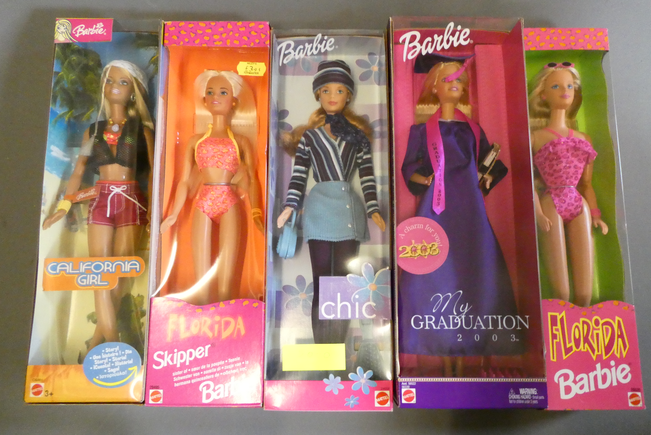Five boxed Barbie dolls, comprising My Graduation 2003, Florida, Florida Skipper, California Girl Image