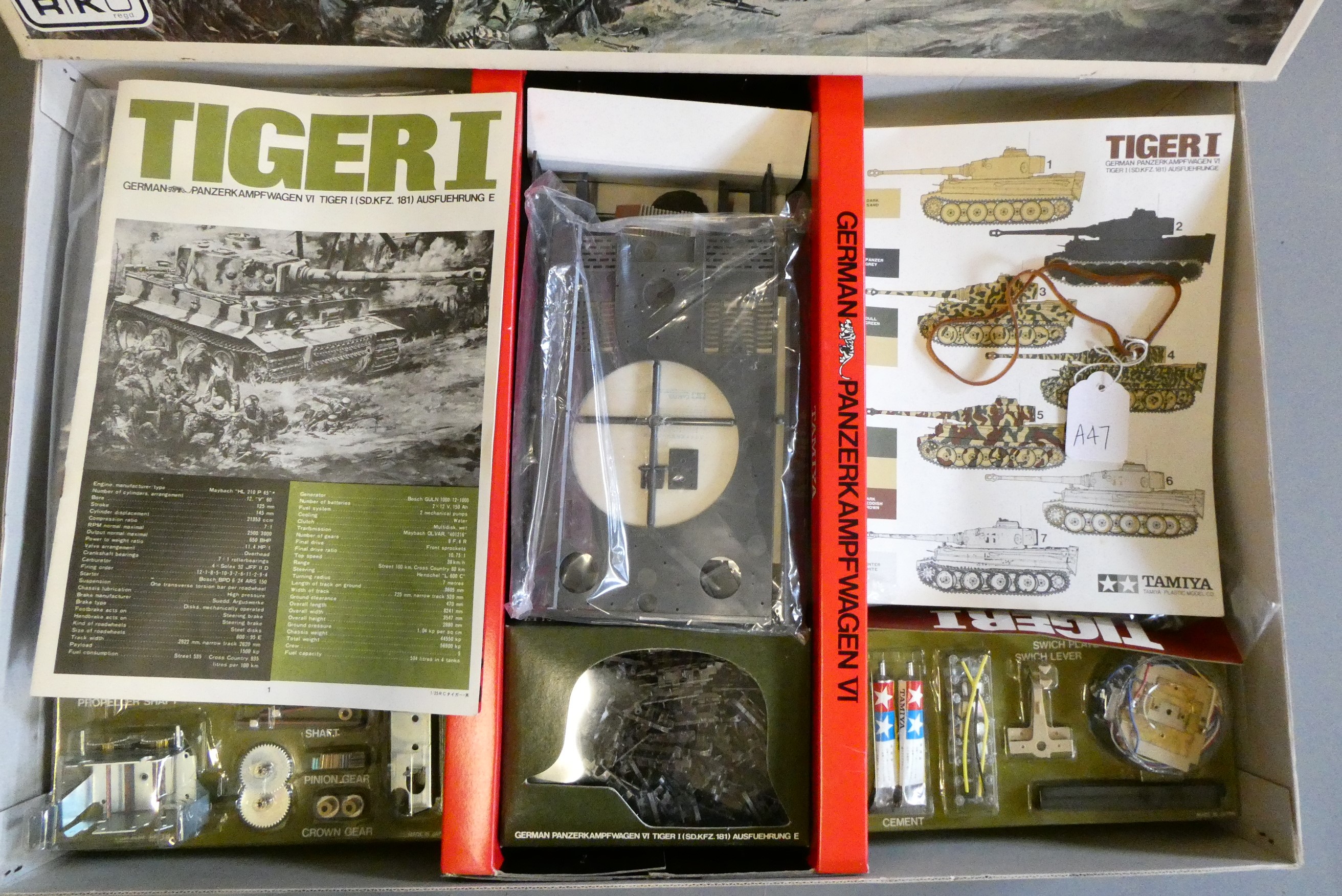 Tamiya 1:25 scale Tiger I tank kit with motors and remote control. Box excellent, contents factory Image