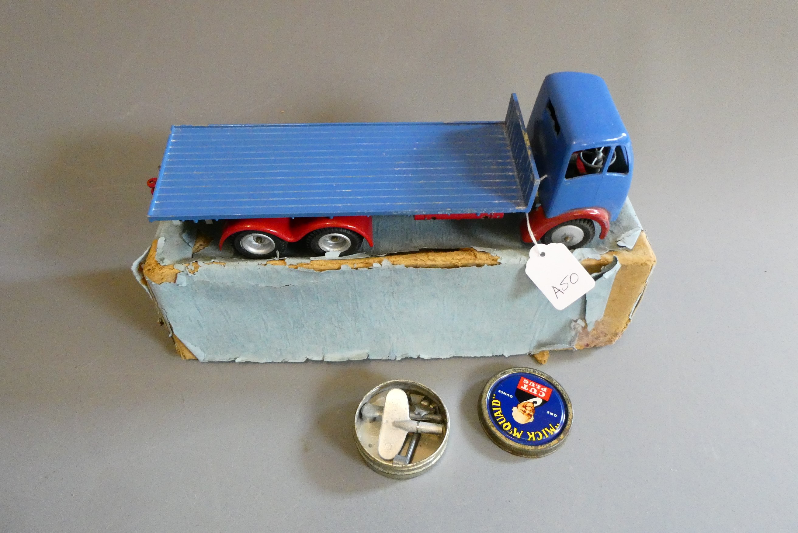 Shackleton clockwork Flatbed lorry finished in blue with key and spanners. Clockwork motor tested ok Image