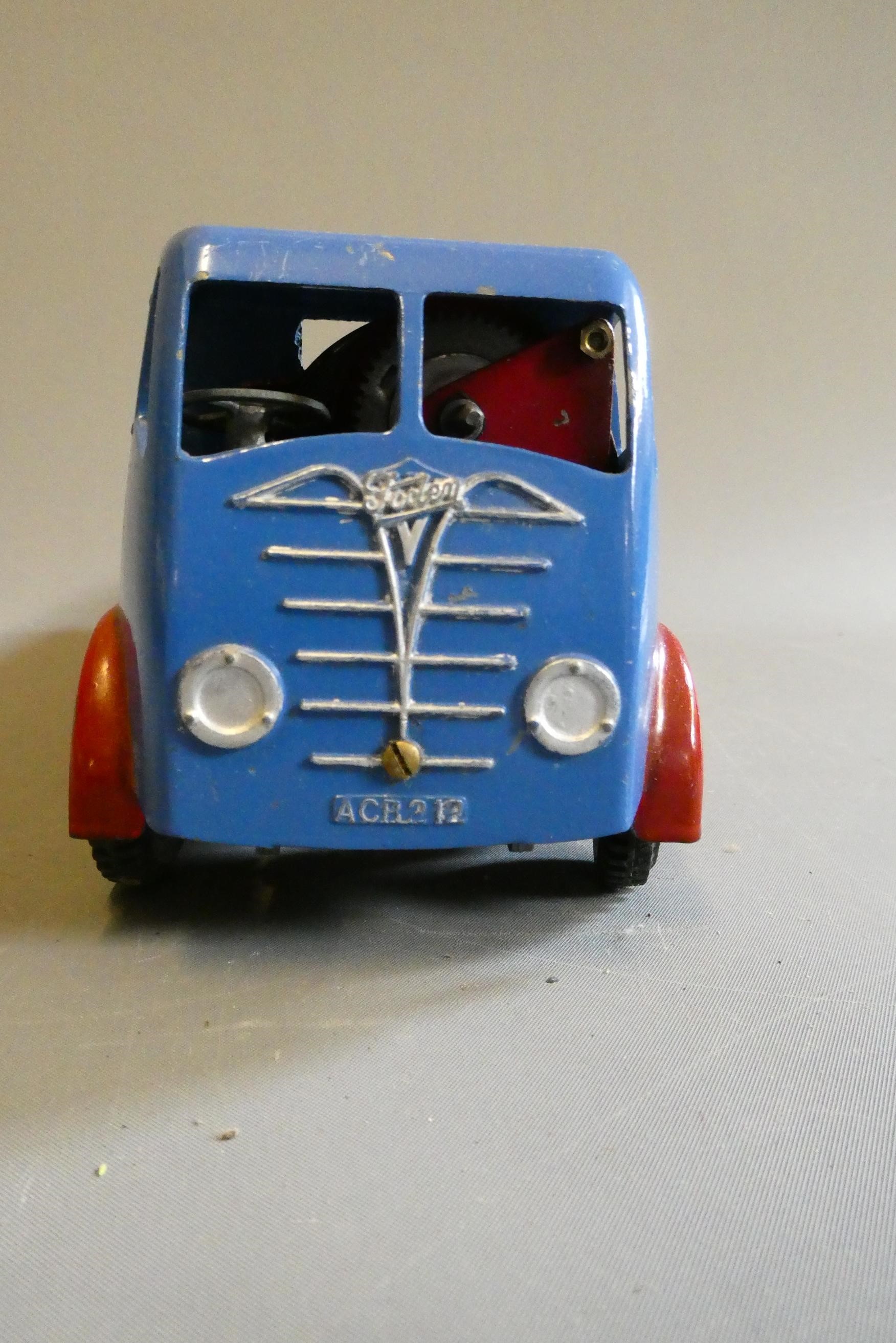 Shackleton clockwork Flatbed lorry finished in blue with key and spanners. Clockwork motor tested ok Image