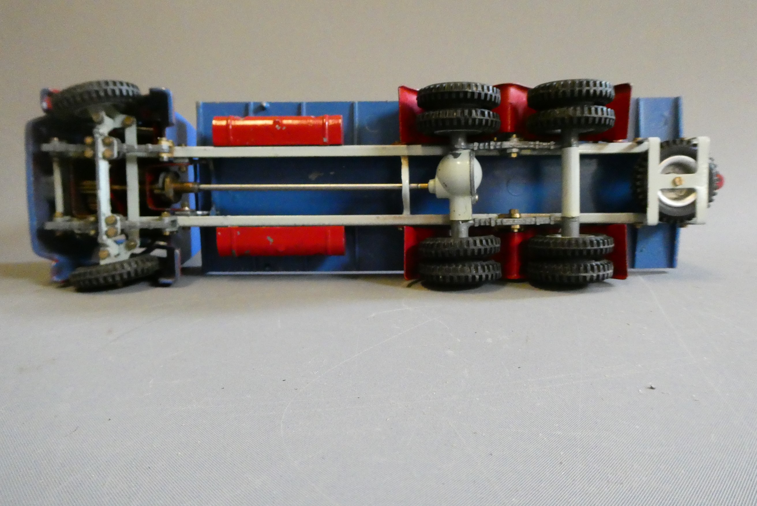 Shackleton clockwork Flatbed lorry finished in blue with key and spanners. Clockwork motor tested ok Image