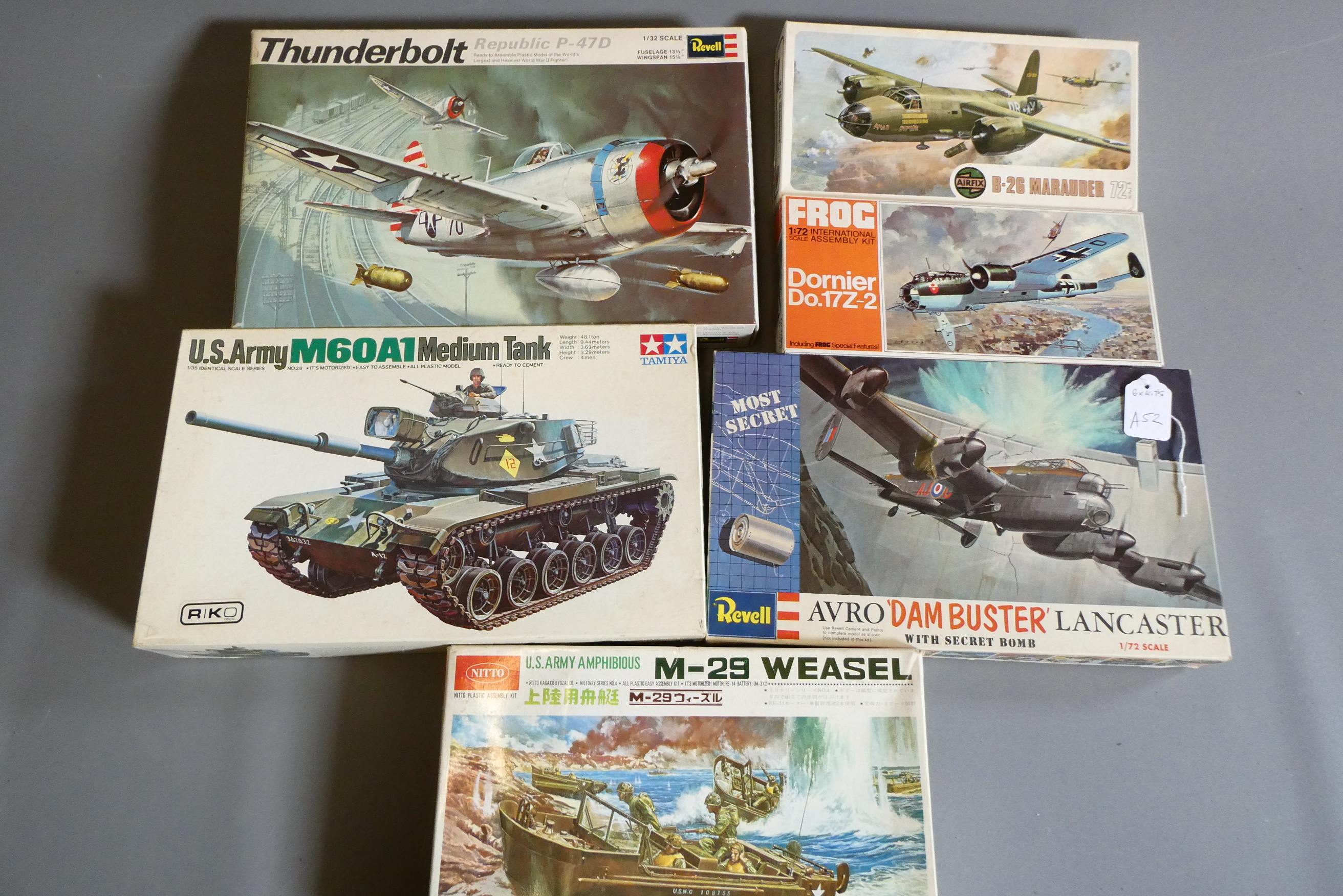 Six model kits by Airfix and others including aircraft and military vehicles. All boxes good, kit Image