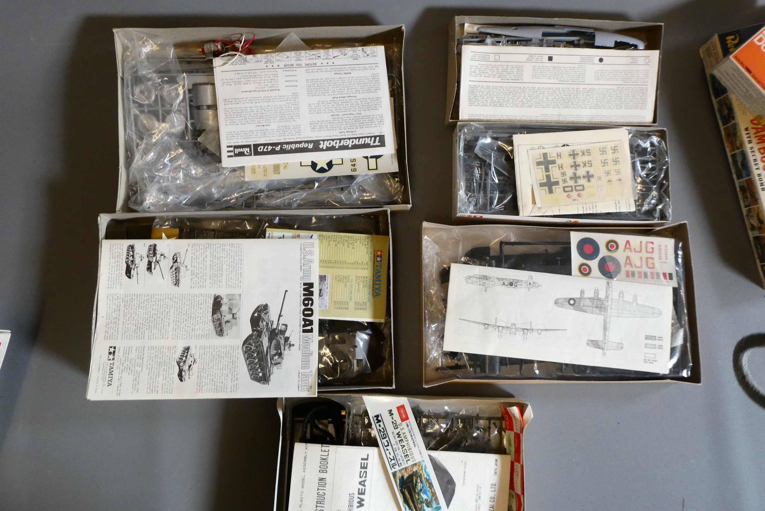 Six model kits by Airfix and others including aircraft and military vehicles. All boxes good, kit Image