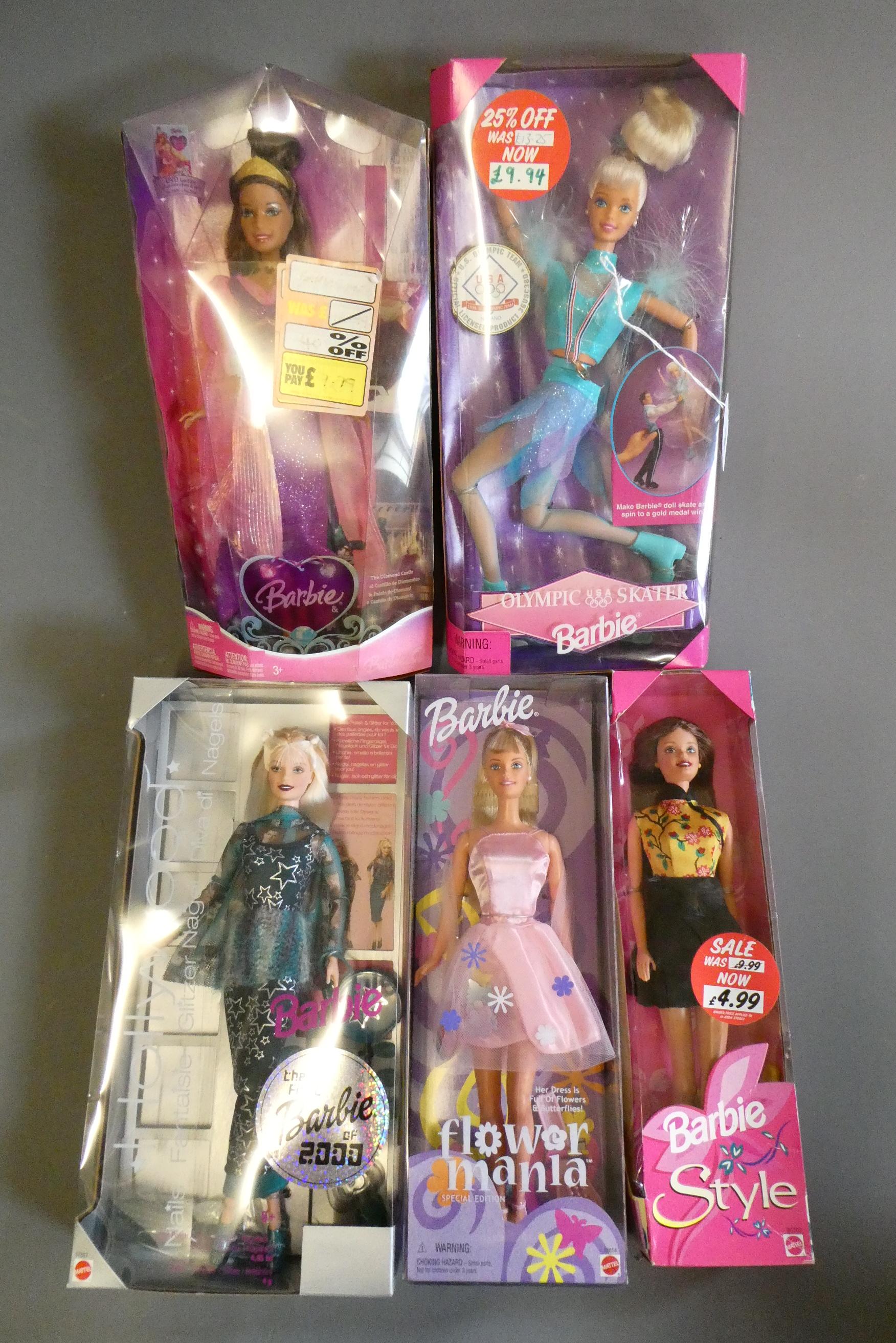 Five boxed Barbie dolls, comprising The Diamond Castle, Flower Mania, Style, Hollywood (first Barbie Image