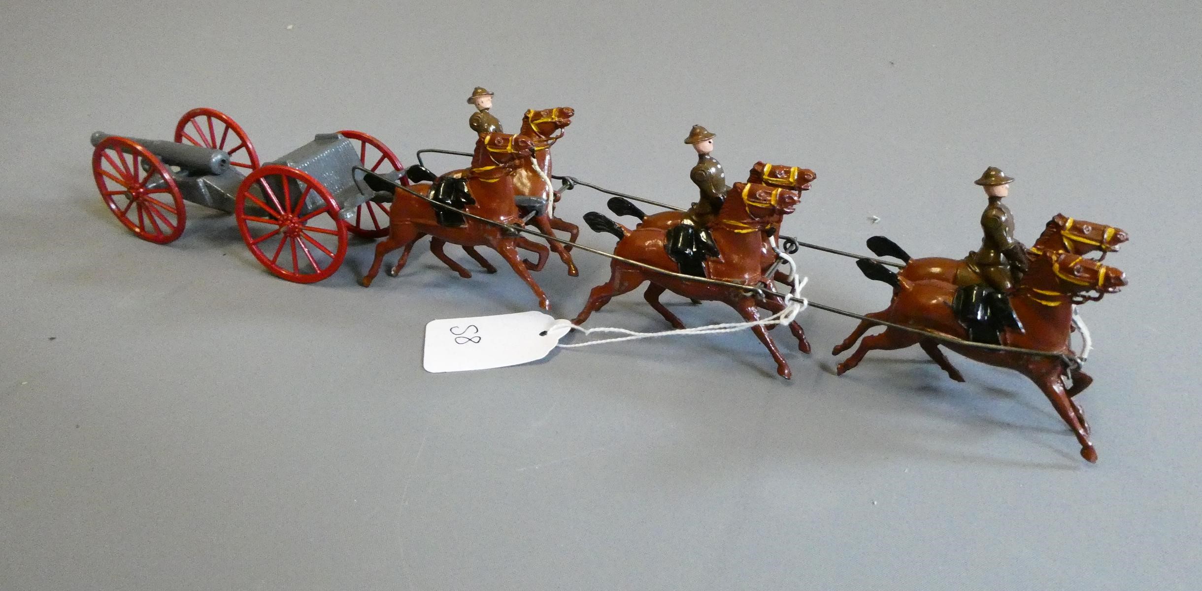Rare Crescent Toys horse drawn artillery gun with field gun, limber, six horses and 3 riders. Image