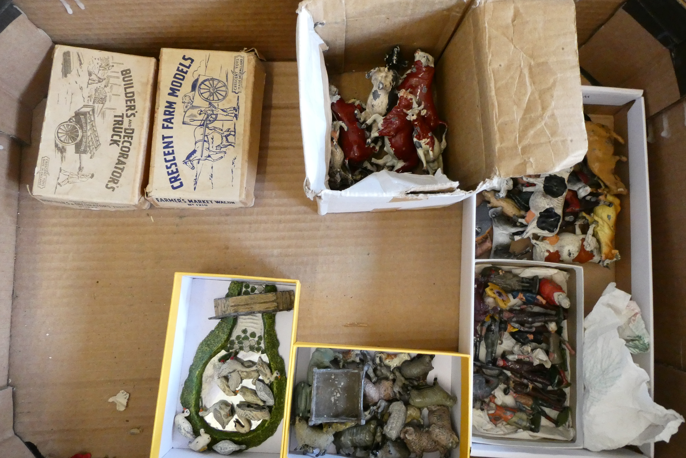 Farm animals and figures by Britains and others including cows, sheep, farm workers, duck pond with Image