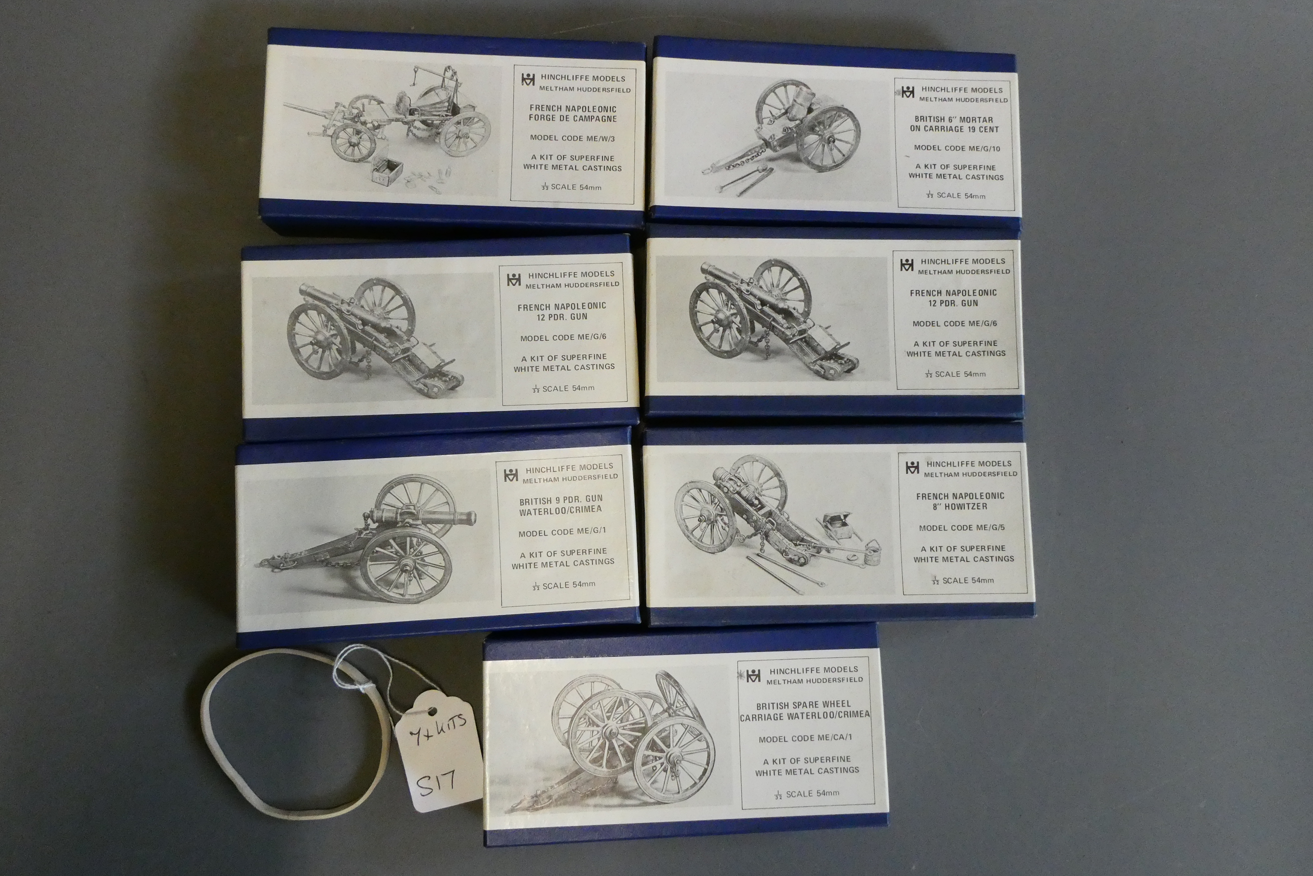 Seven Hinchliffe models 54mm white metal kits of field guns and mortars from the Napoleonic wars. Image
