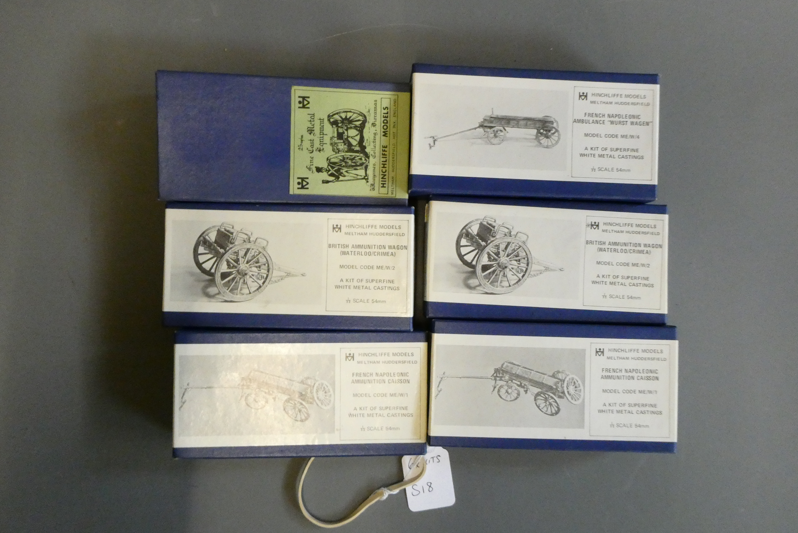 Six Hinchliffe models 54mm white metal kits of field gun limbers and ambulance wagons from the Image
