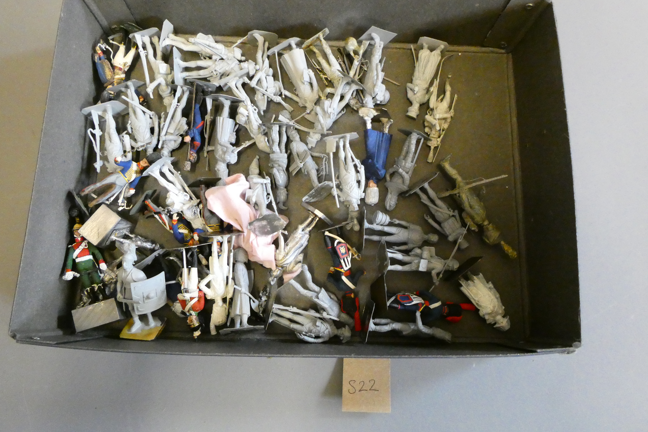 55mm unpainted figures, most from the Napoleonic Wars includes 10 painted and finished figures, good Image