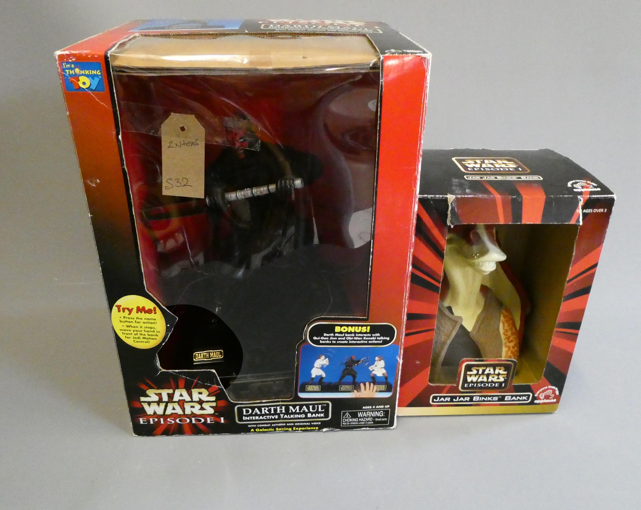 Star Wars Darth Maul Interactive Talking Bank, boxed and Jar Jar Bink Bank. Untested for correct Image