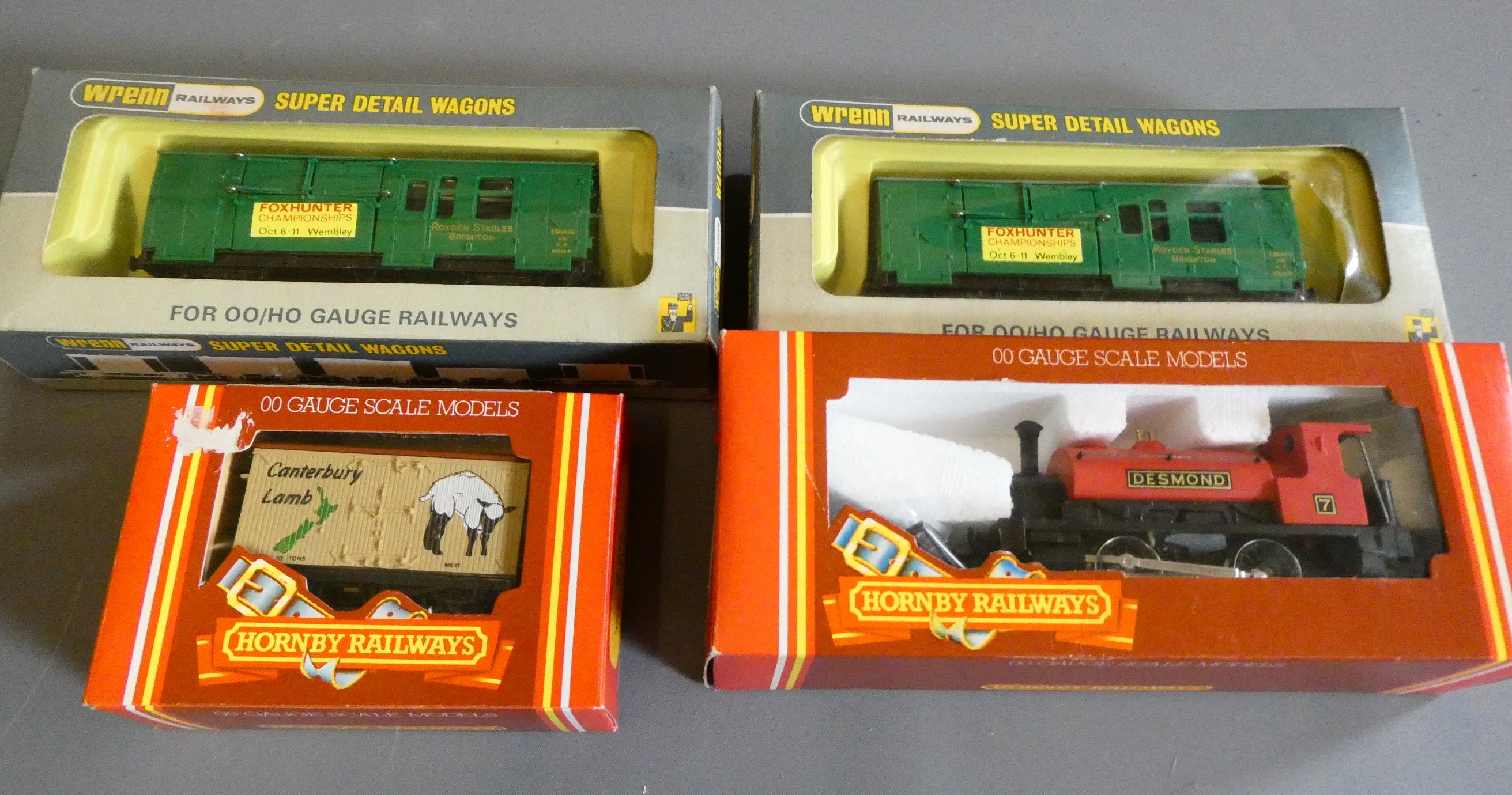 Hornby Margate tank locomotive Desmond and one Hornby and two Wrenn goods wagons, all items boxed, Image