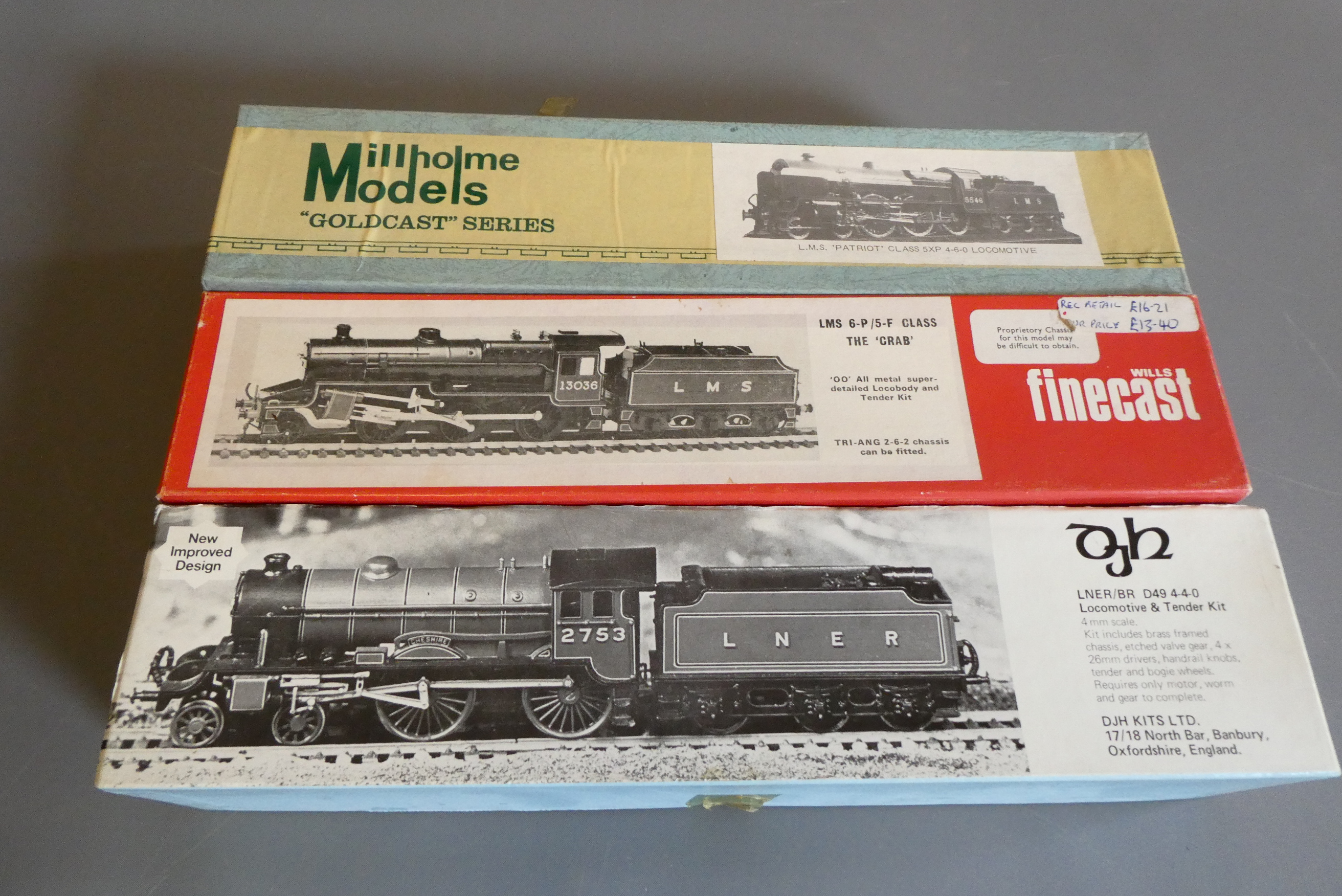Three locomotive kits comprising Finecast LMS Crab, Millholme LMS Patriot, DJH LNER D49. All Image
