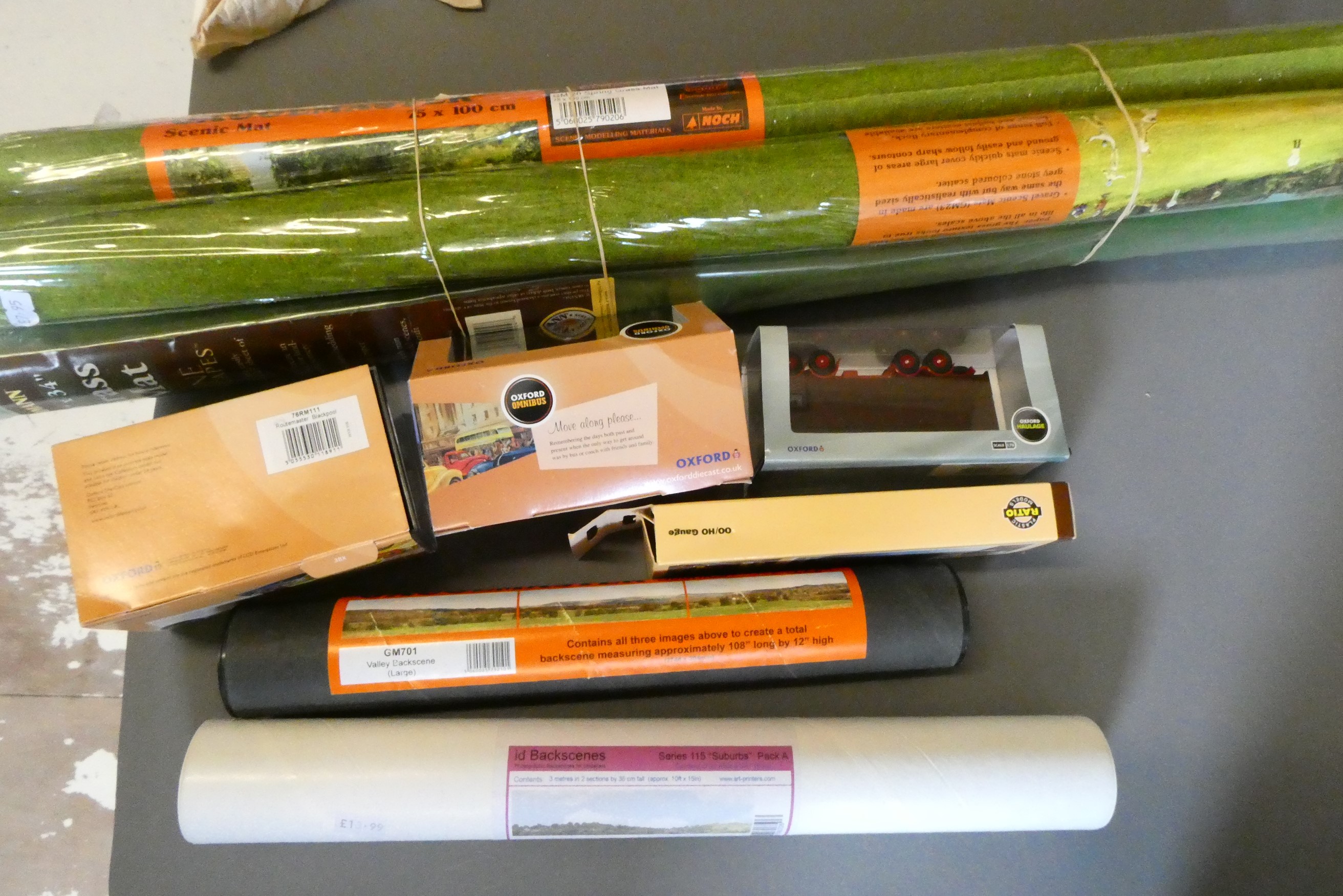 Model railway scenic items including flocks, grass mats and line side accessories. Most items new Image