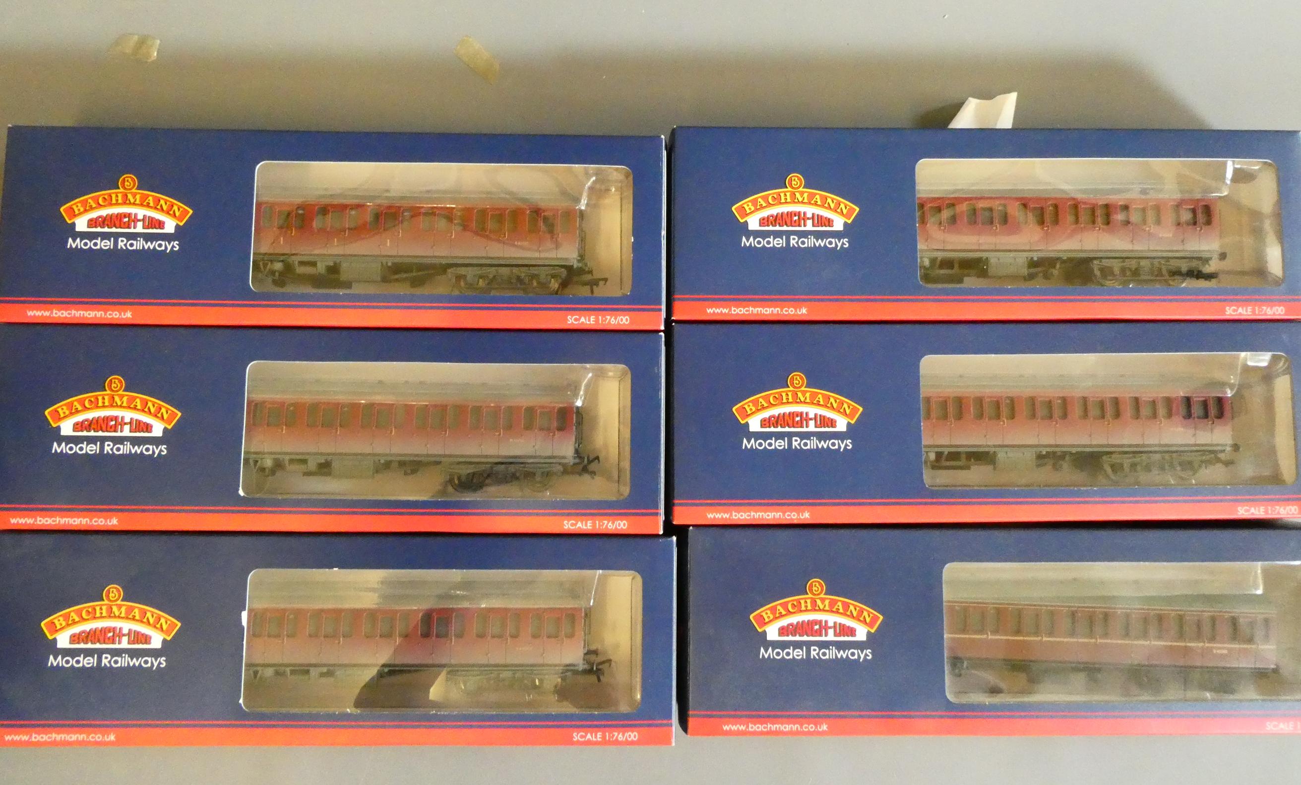 Six Bachmann British Railways MK1 crimson suburban coaching stock, most items factory weathered, Image