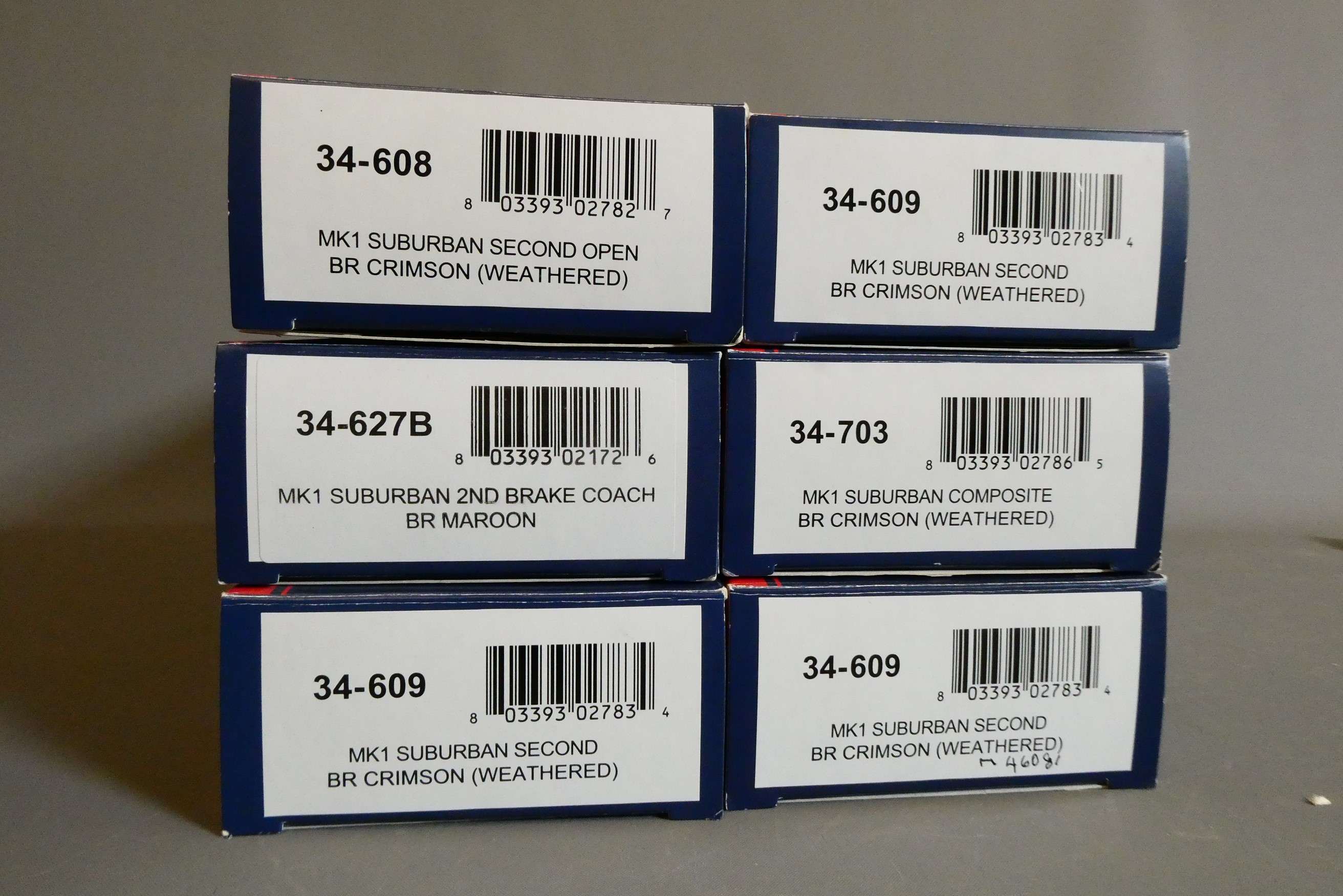 Six Bachmann British Railways MK1 crimson suburban coaching stock, most items factory weathered, Image