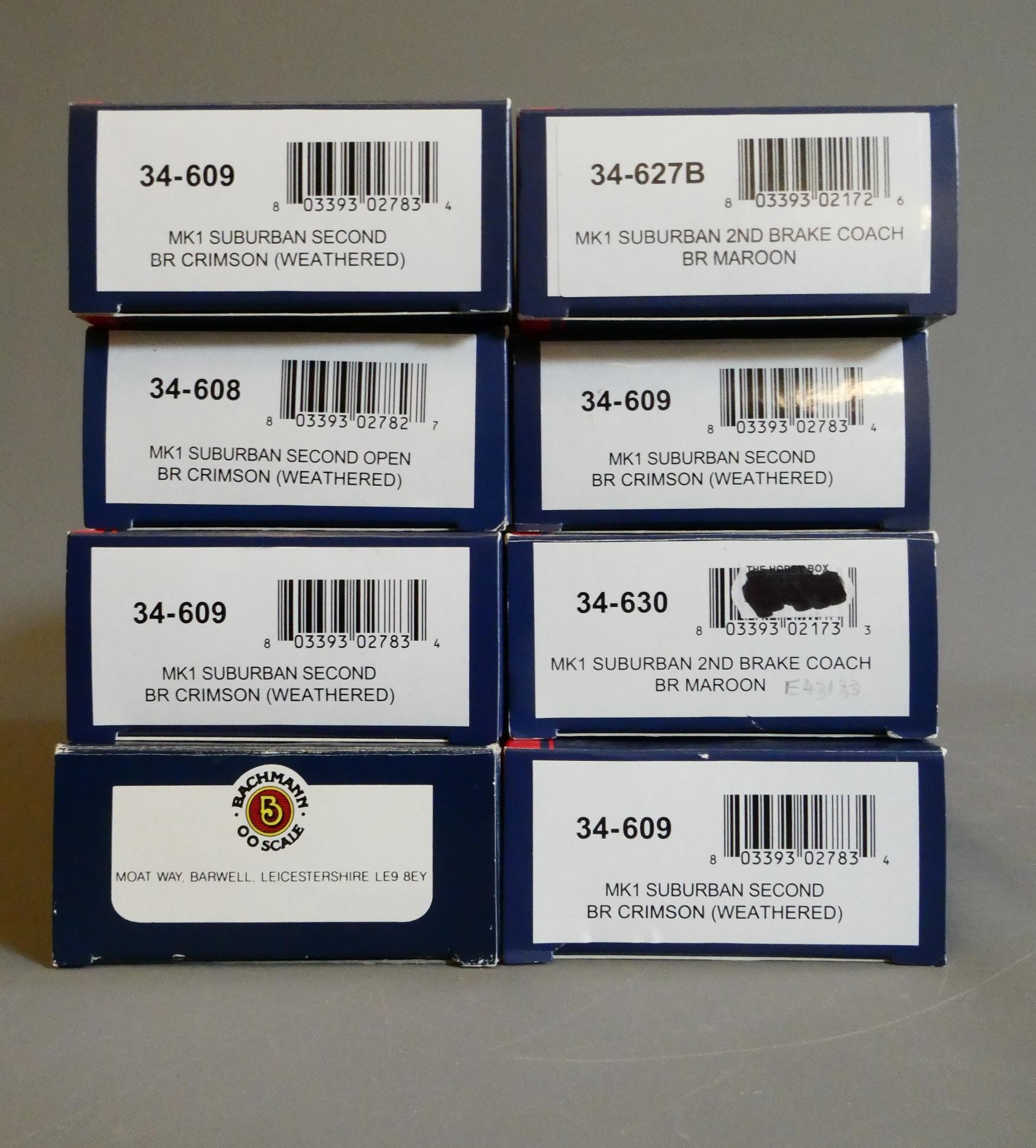 Eight Bachmann British Railways MK1 crimson suburban coaching stock, most items factory weathered, Image