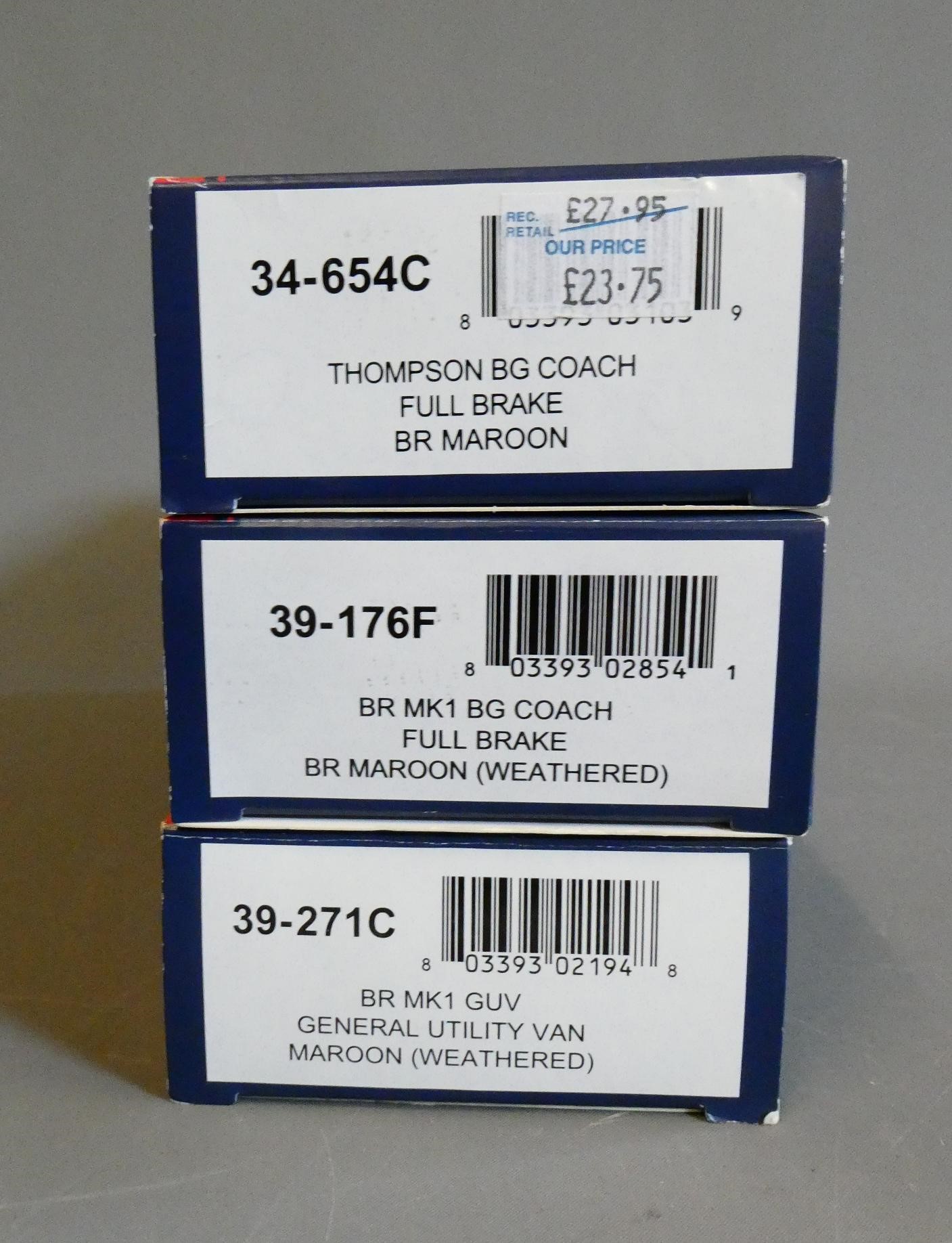 Three Bachmann British Railways MK1 crimson coaches comprising full brake, general utility van and Image