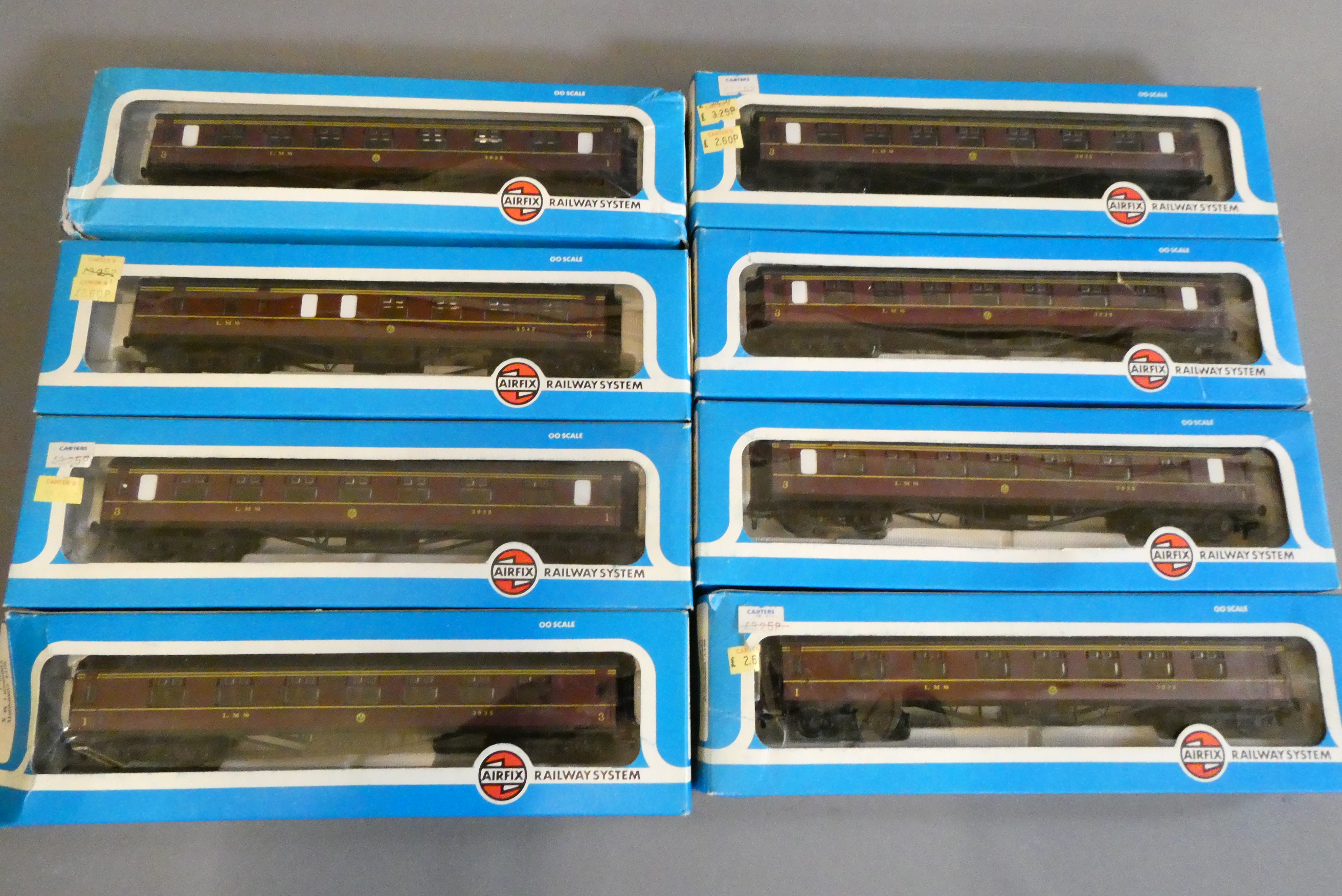 Eight Airfix Railways LMS crimson corridor coaches, all items boxed, good to excellent (Est. plus Image